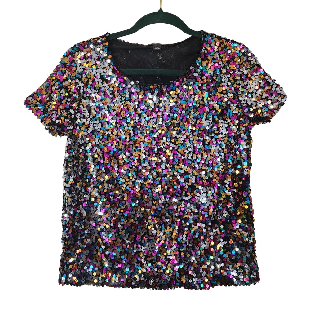 INC International Concepts Womens Multi-Color Sequin Short Sleeve Top XS Rainbow